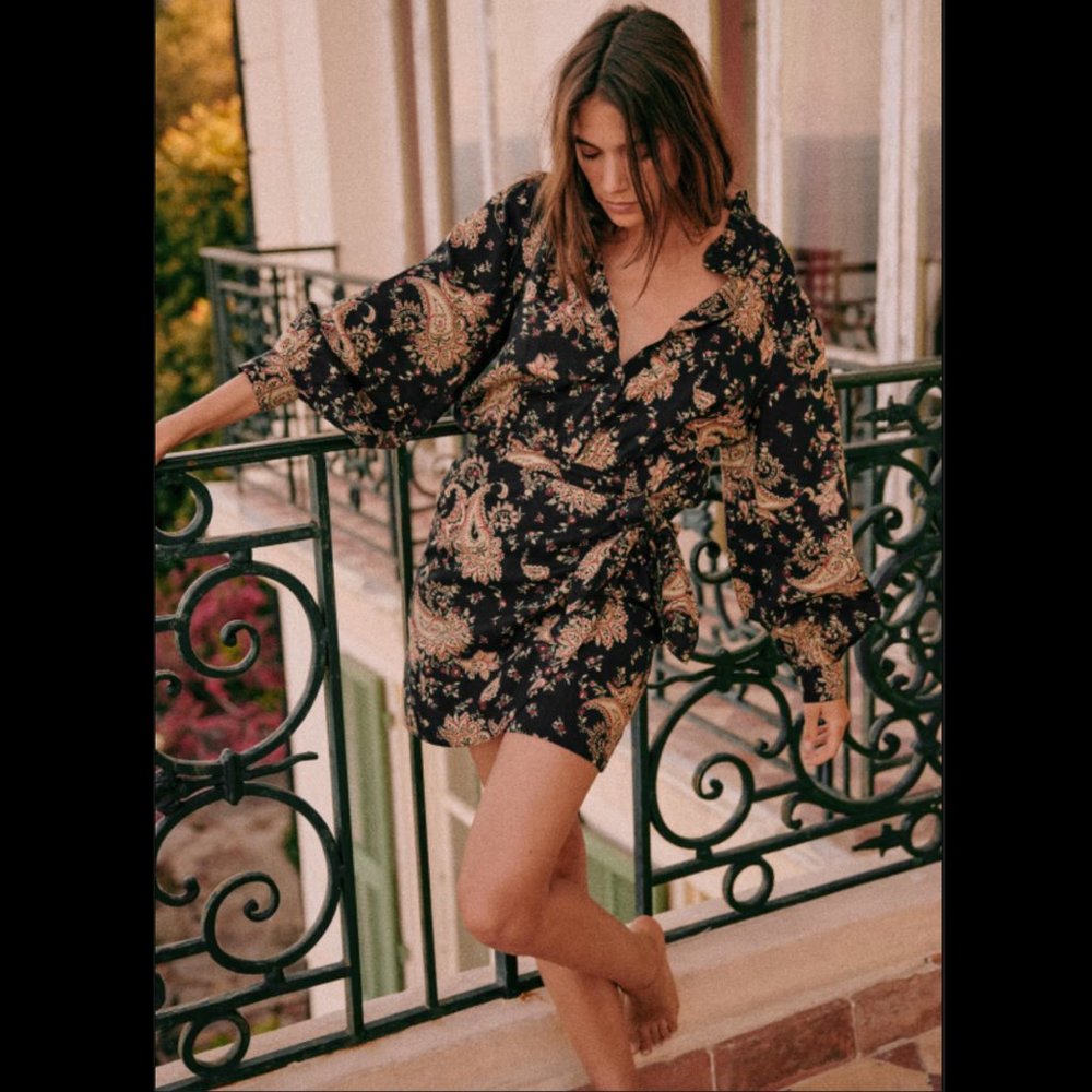 Sezane Capri Shirt Mini Dress- Floral Printed Wrap Cotton Oversized- M New